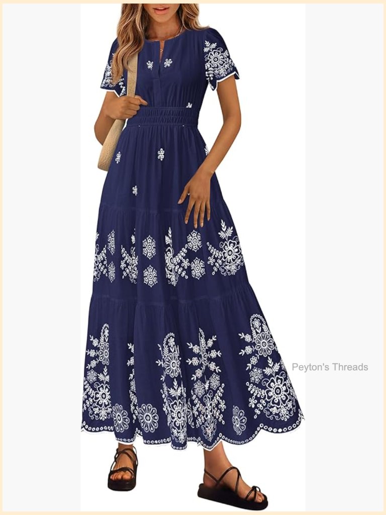 Boho Maxi Dress With Pockets Short Sleeve V Neck Elastic Waist Tiered Cotton